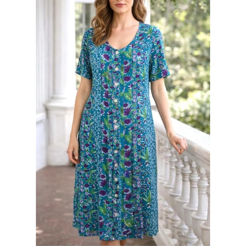 La Cera Medium Green Purple Floral Midi Dress Button Front Design Short Sleeves